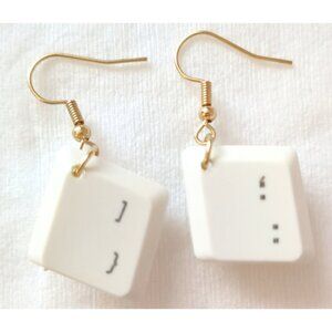 White Keycap Earrings Gold Tone Hook Handmade Upcycled Keyboard Jewelry